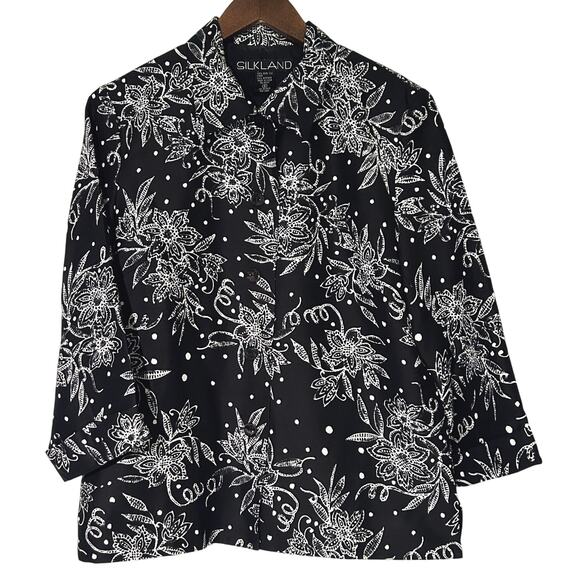 Silkland Pure Silk Floral Print Black & White Jacket / Blazer Size 6 - Picture 1 of 7